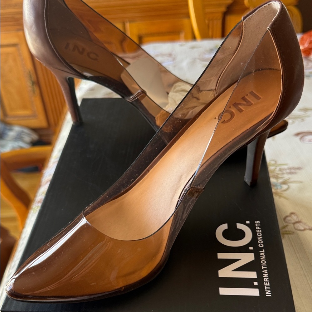 INC International Concepts Brown Pointed Toe Pumps with Clear Side Panels
